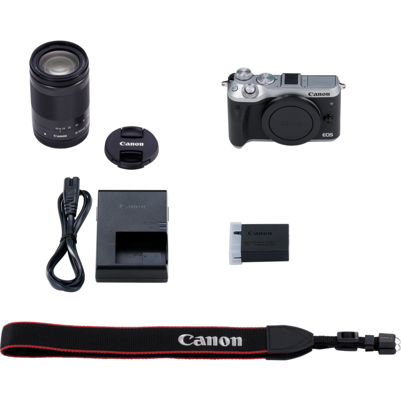 Canon EOS M6 Silber + EF-M 18-150mm IS STM Objektiv Schwarz Produkt Lieferumfang