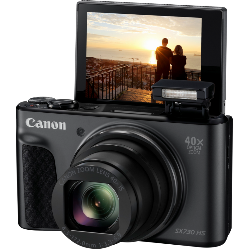 Canon PowerShot SX730 HS Schwarz Produkt Vorderansicht mit einem Foto auf dem Bildschirm