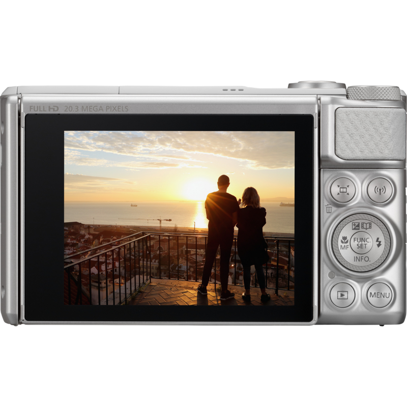 Canon PowerShot SX730 HS – Silber Produkt Rückansicht mit Foto auf dem Bildschirm