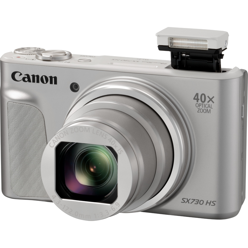 Canon PowerShot SX730 HS – Silber Produkt Vorderansicht mit ausgeklapptem Blitz