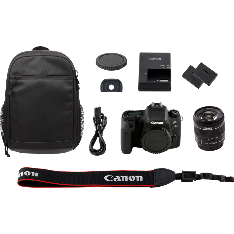 Canon EOS 77D + EF 18-55mm IS STM Objektiv + Rucksack + Ersatzakku Produkt Lieferumfang