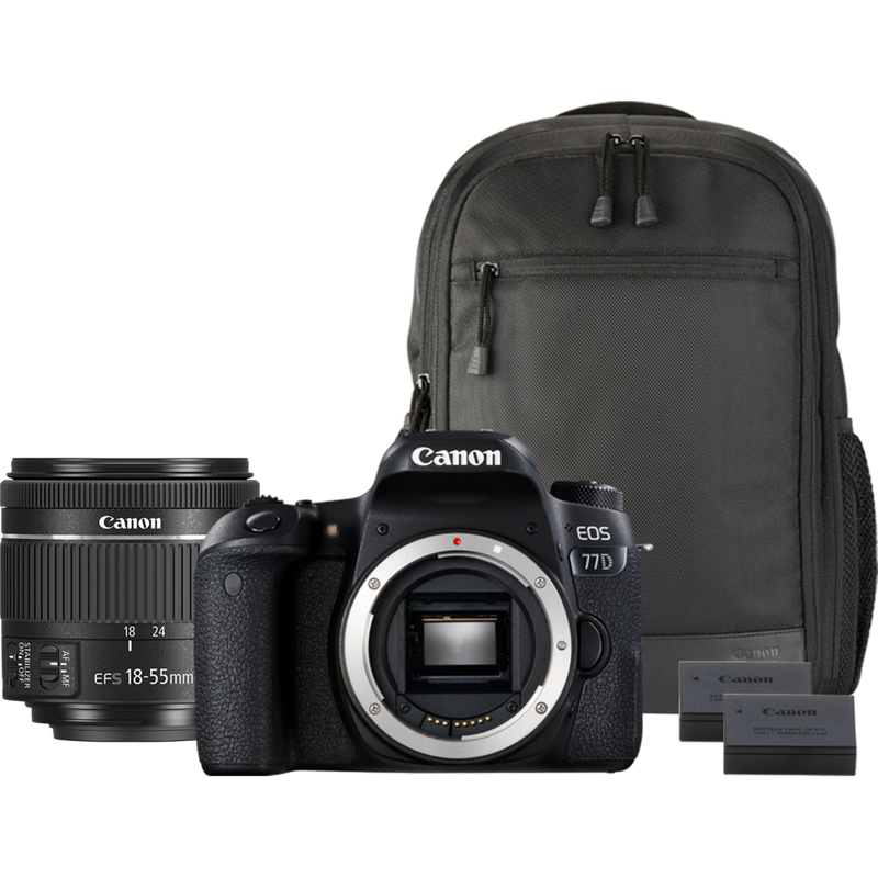 Canon EOS 77D + EF 18-55mm IS STM Objektiv + Rucksack + Ersatzakku Produkt Vorderansicht der Kamera mit Zubehör