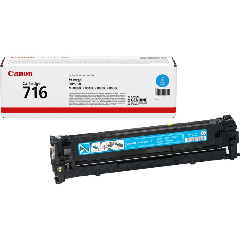 Canon 716C Toner-Cartridge Cyan Produkt Verpackung und Patrone