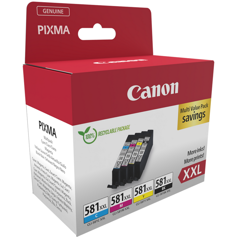 Canon CLI-581XXL BK/C/M/Y High Yield Ink Cartridge Multi Pack Product Package front angled view