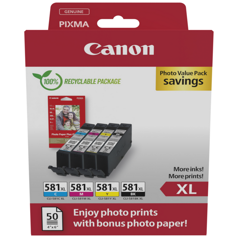Canon CLI-581XL BK/C/M/Y High Yield Ink Cartridge + Photo Paper Value Pack Product Package front view