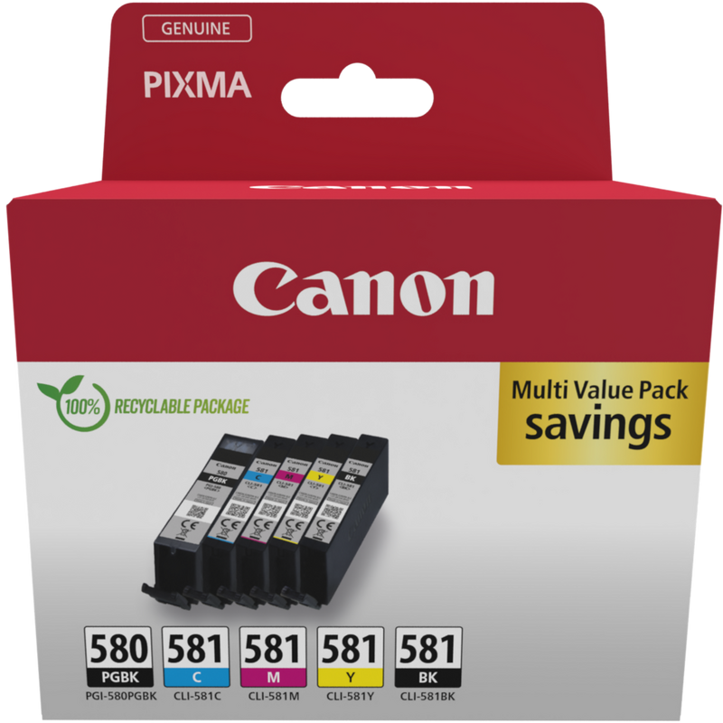 Canon PGI-580BK/CLI-581 BK/C/M/Y Pigment + Ink Cartridge Multi Pack Product Multipack front view