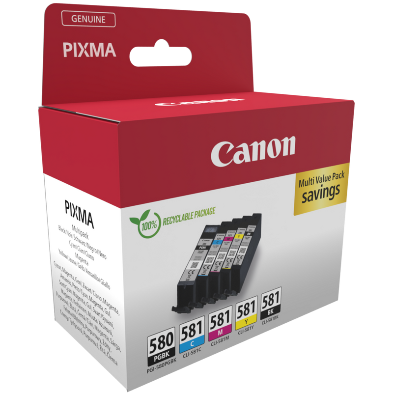 Canon PGI-580BK/CLI-581 BK/C/M/Y Pigment + Ink Cartridge Multi Pack Product Multipack angled view