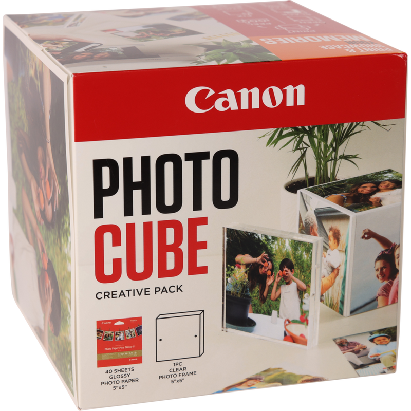 Canon Photo Cube and Frame + PP-201 5x5” Photo Paper Plus Glossy II (40 sheets) - Creative Pack, Orange Product Front view with kit components