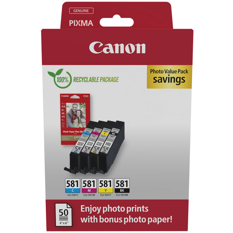 Canon CLI-581 BK/C/M/Y Ink Cartridge + Photo Paper Value Pack Product Package front view