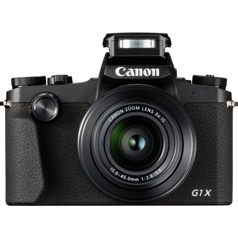 Canon PowerShot G1 X Mark III Produkt Vorderansicht mit ausgeklapptem Blitz
