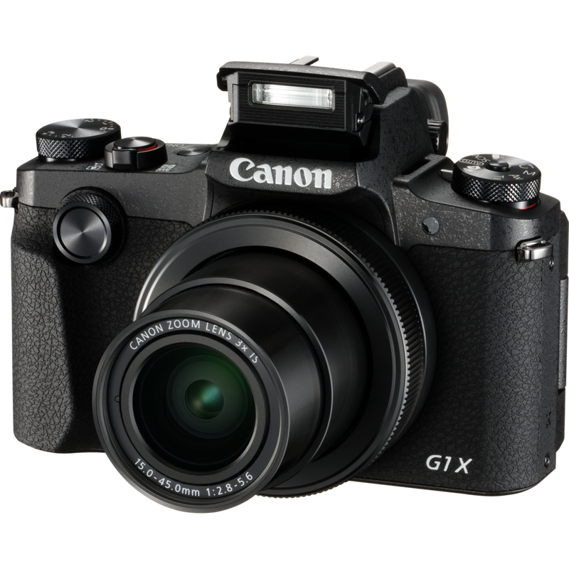 Canon PowerShot G1 X Mark III Produkt Vorderansicht mit ausgeklapptem Blitz