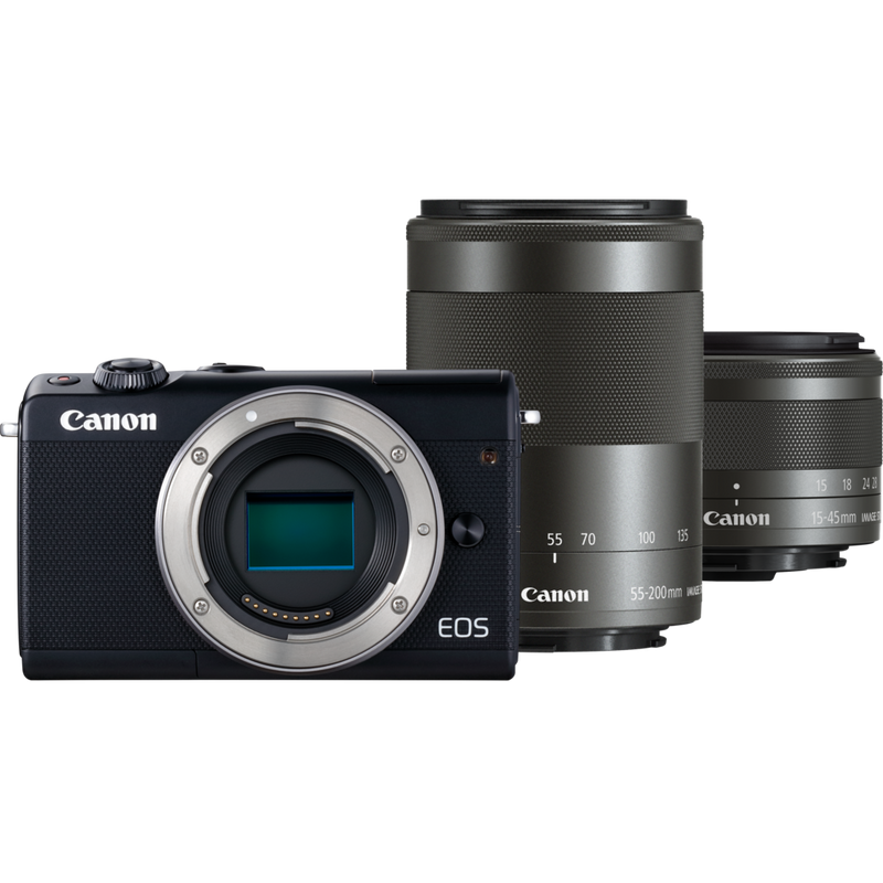 Canon EOS M100 Schwarz + EF-M 15-45mm IS STM Objektiv Schwarz + EF-M 55-200mm IS STM Objektiv Schwarz Produkt Vorderansicht der Kamera und zweier Objektive