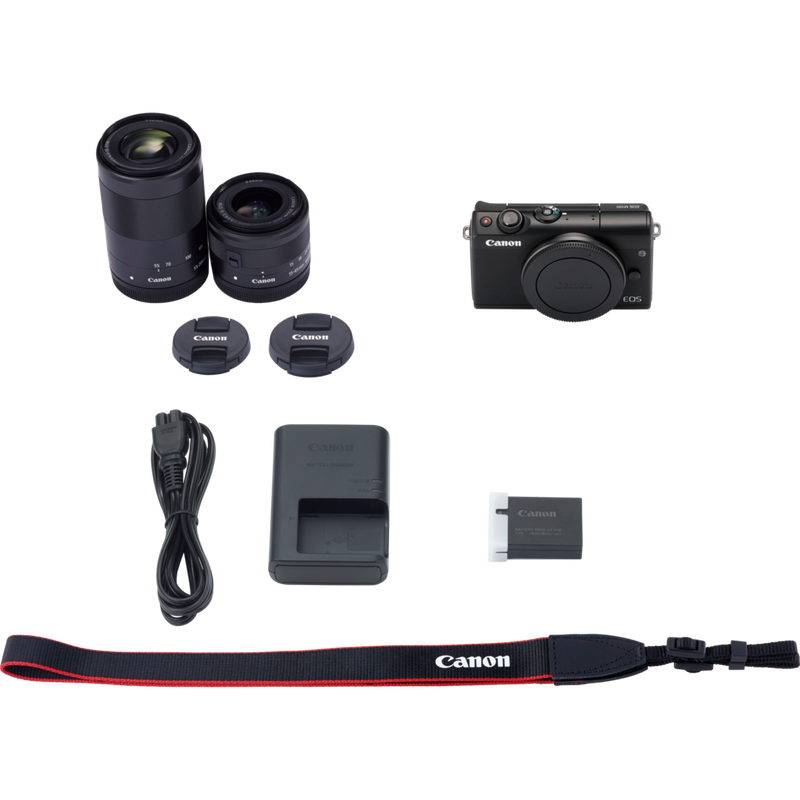 Canon EOS M100 Schwarz + EF-M 15-45mm IS STM Objektiv Schwarz + EF-M 55-200mm IS STM Objektiv Schwarz Produkt Lieferumfang