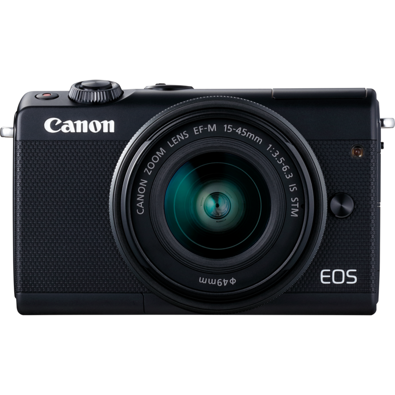 Canon EOS M100 Schwarz + Canon EF-M 15-45mm f/3.5-6.3 IS STM Objektiv Schwarz Produkt Vorderansicht