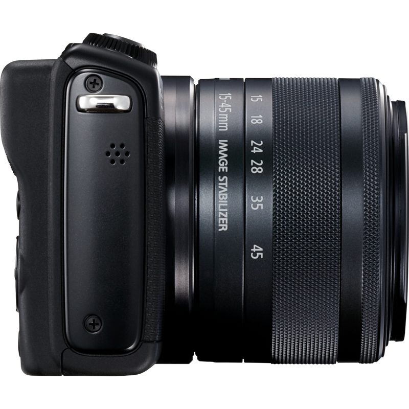 Canon EOS M100 Schwarz + Canon EF-M 15-45mm f/3.5-6.3 IS STM Objektiv Schwarz Produkt Ansicht von rechts