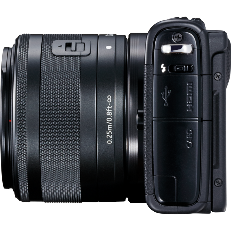 Canon EOS M100 Schwarz + Canon EF-M 15-45mm f/3.5-6.3 IS STM Objektiv Schwarz Produkt Ansicht von links