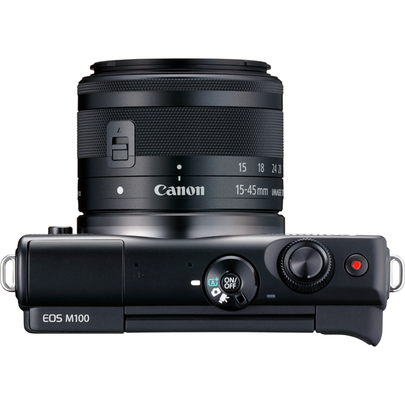 Canon EOS M100 Schwarz + Canon EF-M 15-45mm f/3.5-6.3 IS STM Objektiv Schwarz Produkt Ansicht von oben
