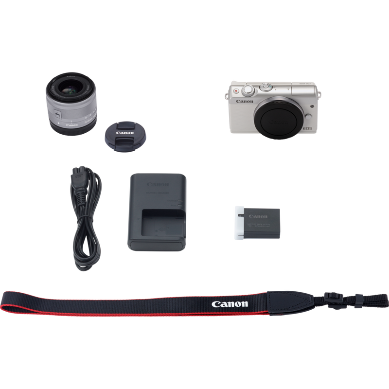 Canon EOS M100 Weiß + EF-M 15-45mm f/3.5-6.3 IS STM Objektiv Silber Produkt Lieferumfang