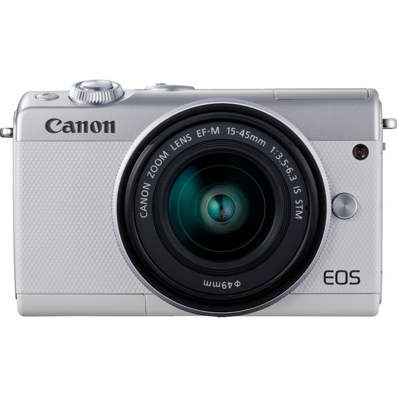 Canon EOS M100 Weiß + EF-M 15-45mm f/3.5-6.3 IS STM Objektiv Silber Produkt Vorderansicht