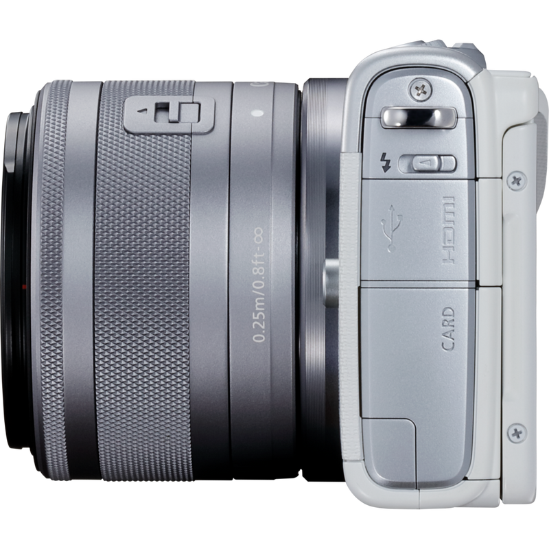Canon EOS M100 Weiß + EF-M 15-45mm f/3.5-6.3 IS STM Objektiv Silber Produkt Ansicht von links
