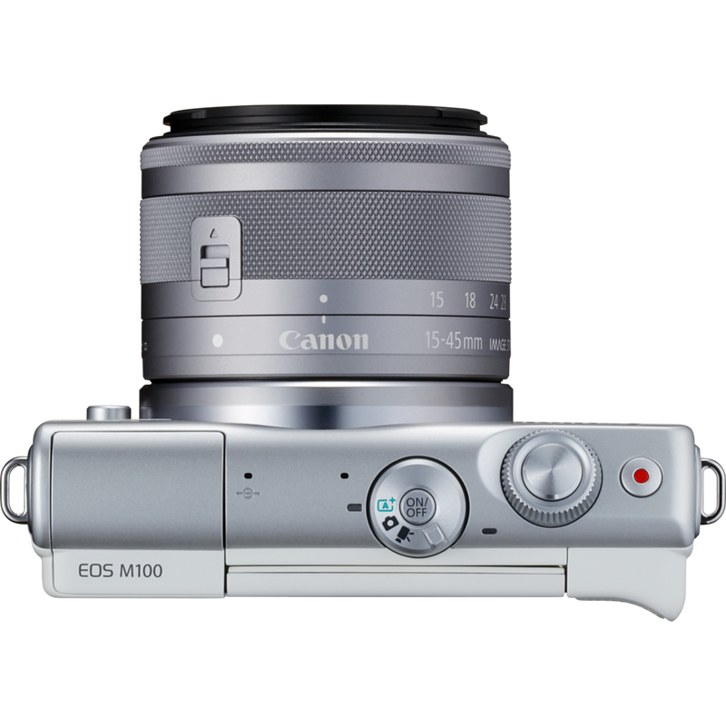 Canon EOS M100 Weiß + EF-M 15-45mm f/3.5-6.3 IS STM Objektiv Silber Produkt Ansicht von oben