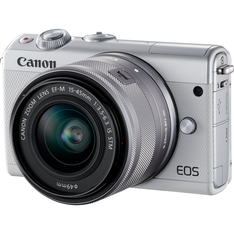 Canon EOS M100 Weiß + EF-M 15-45mm f/3.5-6.3 IS STM Objektiv Silber Produkt Diagonale Ansicht
