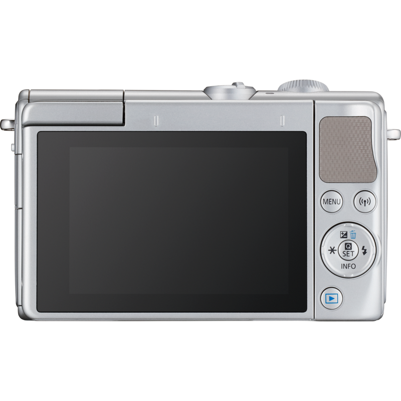 Canon EOS M100 Grau + EF-M 15-45mm f/3.5-6.3 IS STM Objektiv Silber Produkt Rückansicht