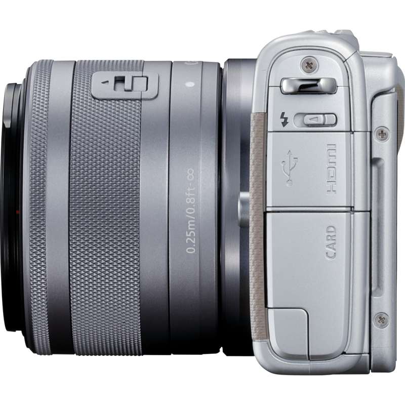 Canon EOS M100 Grau + EF-M 15-45mm f/3.5-6.3 IS STM Objektiv Silber Produkt Ansicht von links