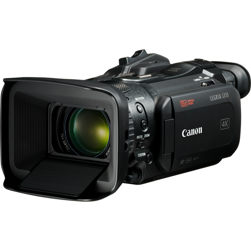 Canon LEGRIA GX10 Produkt Vorderansicht von links mit Streulichtblende