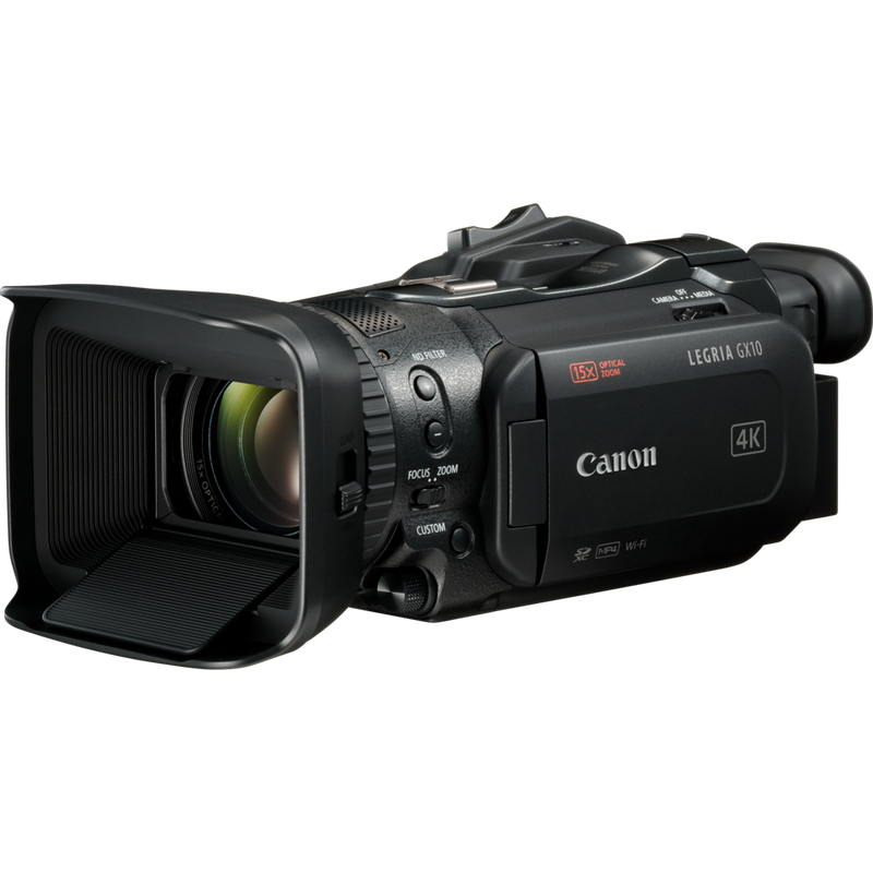 Canon LEGRIA GX10 Produkt Vorderansicht von rechts mit Streulichtblende