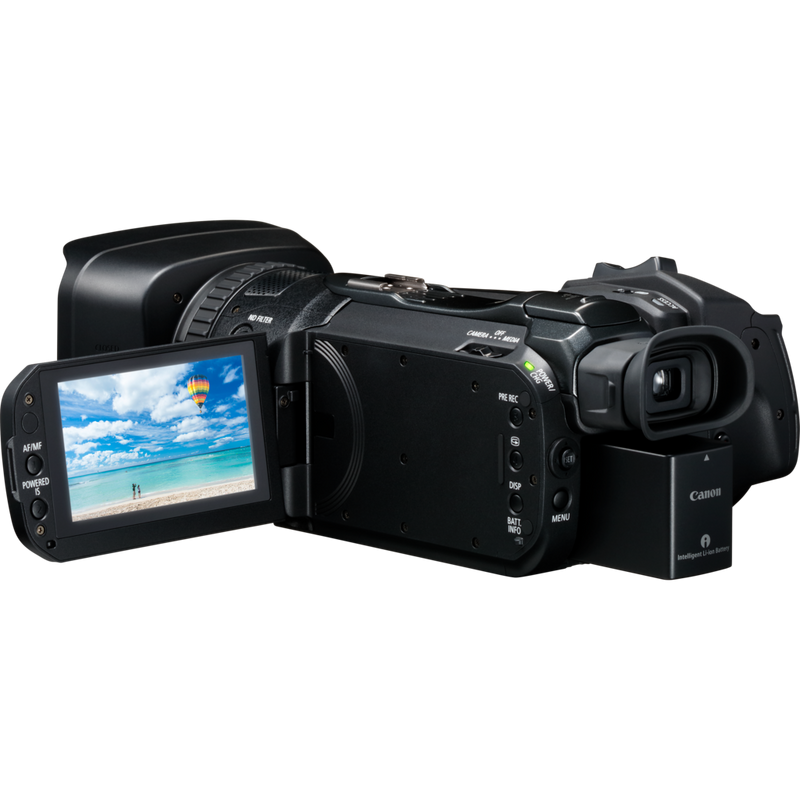 Canon LEGRIA GX10 Produkt Rückansicht von links mit umgeklapptem Bildschirm