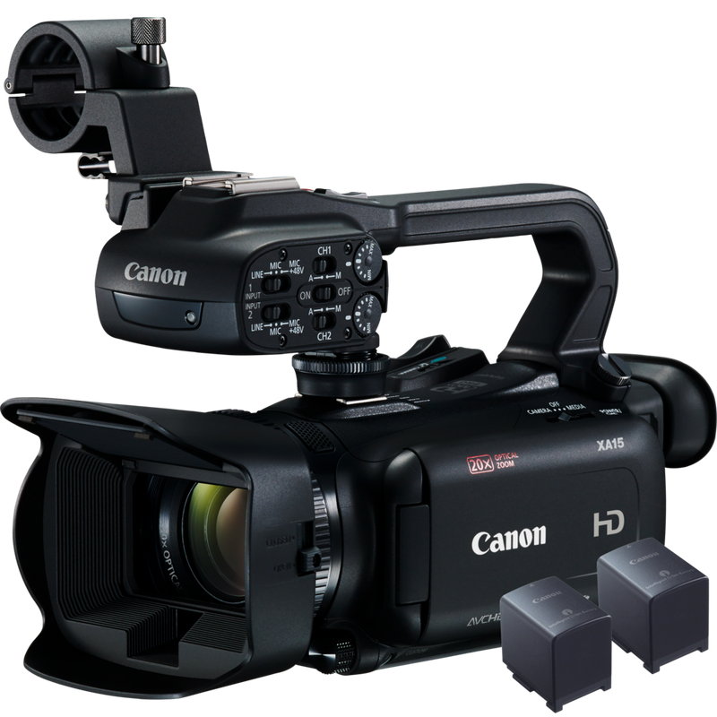 Canon XA15 Camcorder + Power Kit Pack Produkt Vorderansicht von links neben zwei Ersatzakkus