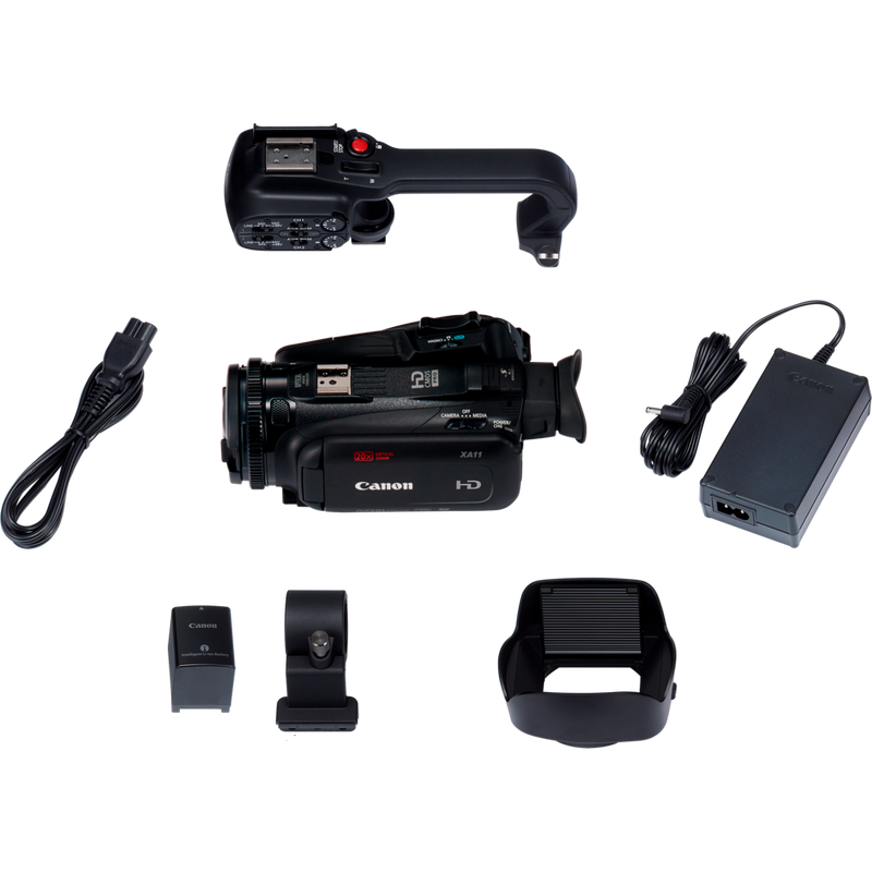 Canon XA11 Camcorder Produkt Vorderansicht von links mit umgeklapptem Bildschirm, der um 180 Grad gedreht ist