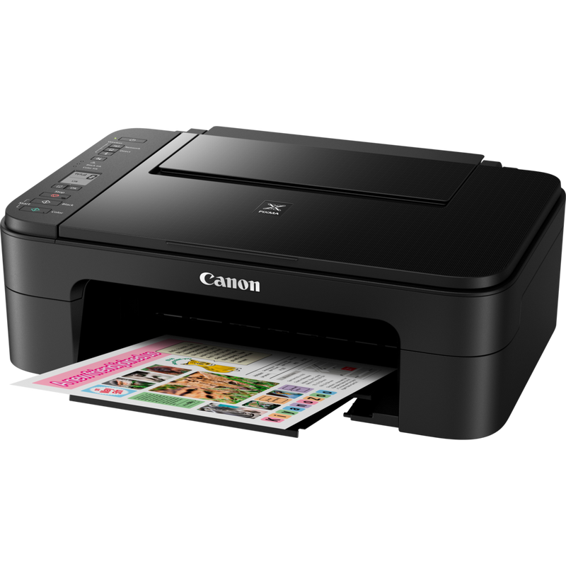 Canon PIXMA TS3150 – Schwarz Produkt Schrägansicht von vorne mit ausgeklapptem Papierfach
