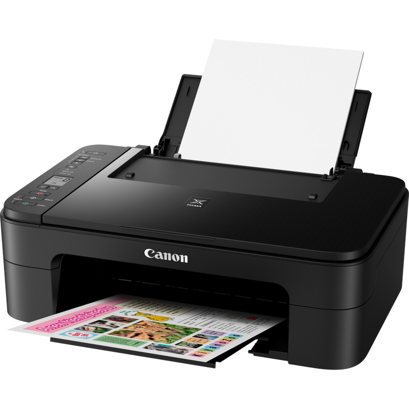 Canon PIXMA TS3150 – Schwarz Produkt Schrägansicht von vorne mit ausgeklapptem Papierfach und Papierstütze