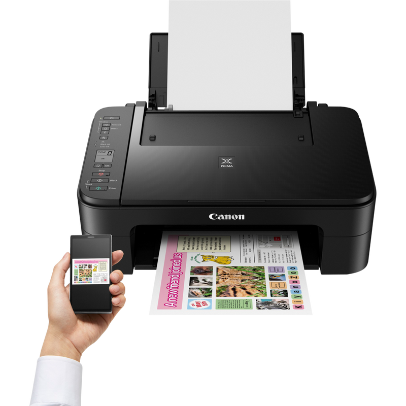 Canon PIXMA TS3150 – Schwarz Produkt Vorderansicht mit einer Person, die von einem Smartphone aus druckt