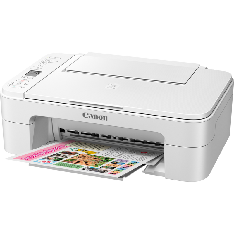 Canon PIXMA TS3151 – Weiß Produkt Schrägansicht von vorne mit ausgeklapptem Papierfach