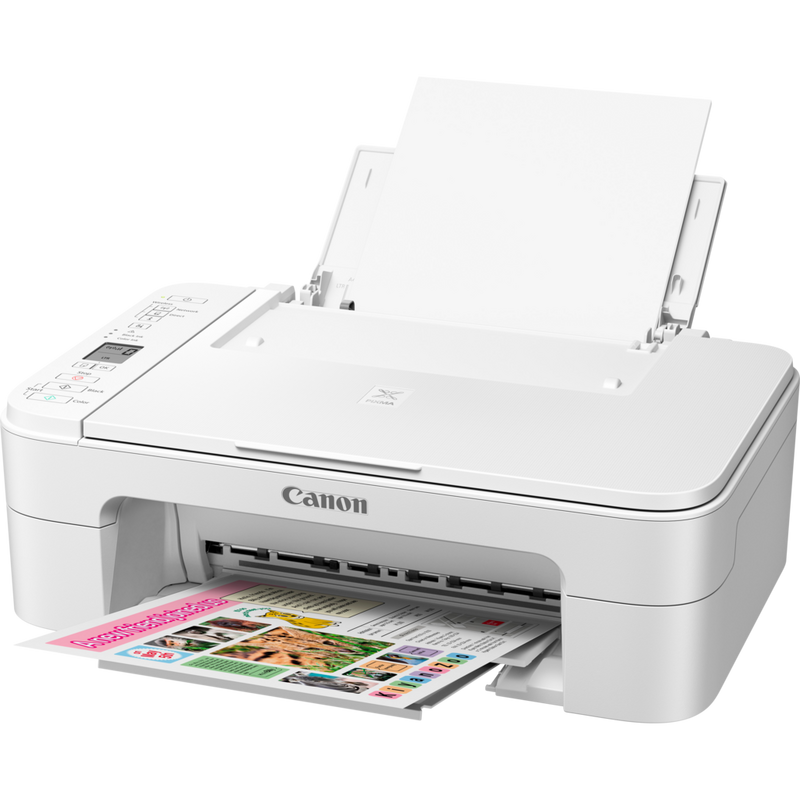 Canon PIXMA TS3151 – Weiß Produkt Schrägansicht von vorne mit ausgeklapptem Papierfach und Papierstütze