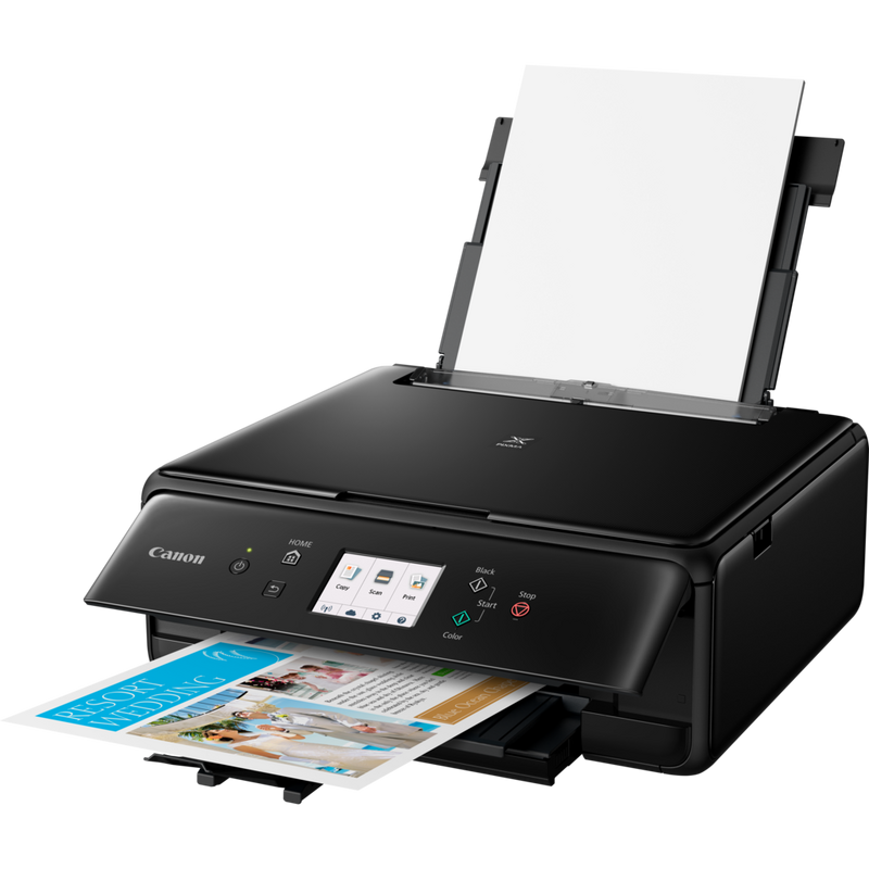 Canon PIXMA TS6150 – Schwarz Produkt Schrägansicht von vorne mit ausgeklapptem Papierfach und Papierstütze