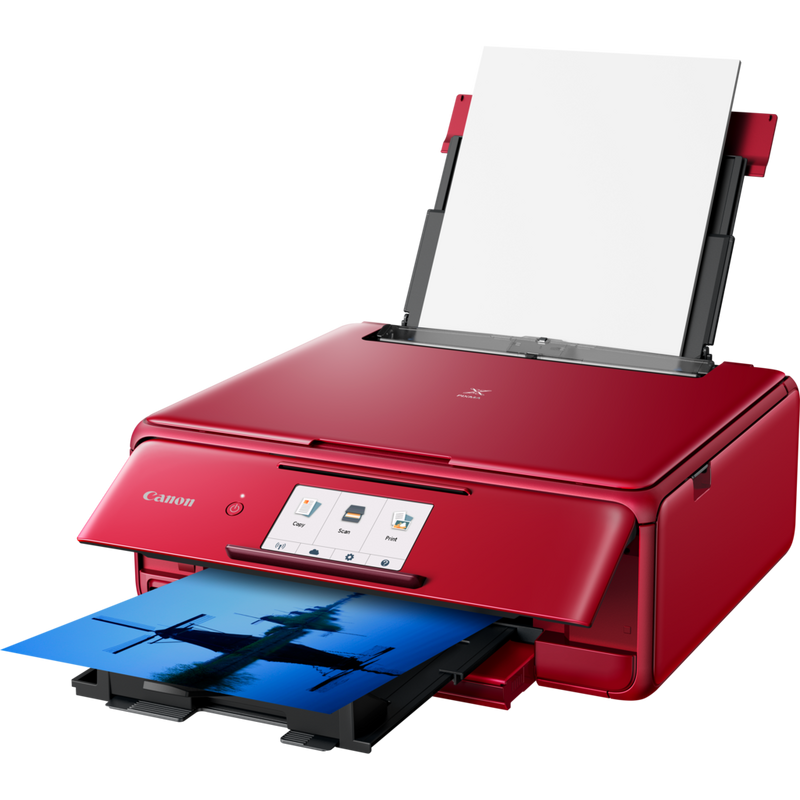 Canon PIXMA TS8152 – Rot Produkt Schrägansicht von vorne mit ausgeklapptem Papierfach und Papierstütze