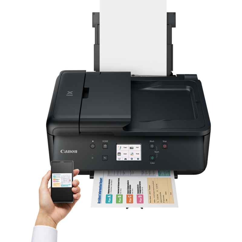 Canon PIXMA TR7550 Produkt Vorderansicht mit einer Person, die von einem Smartphone aus druckt