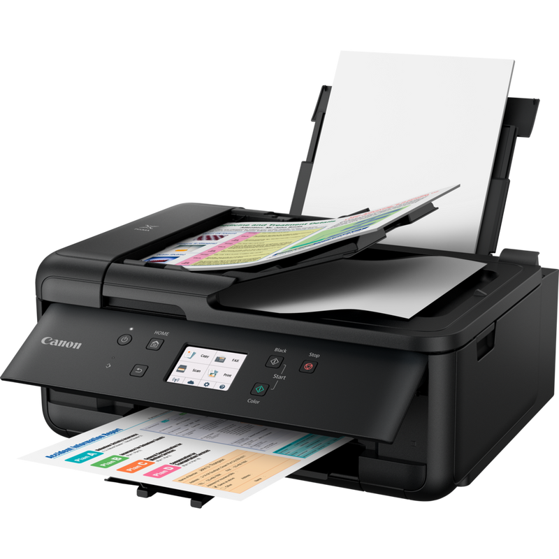 Canon PIXMA TR7550 Produkt Schrägansicht von vorne mit ausgeklapptem Papierfach und Papierstütze