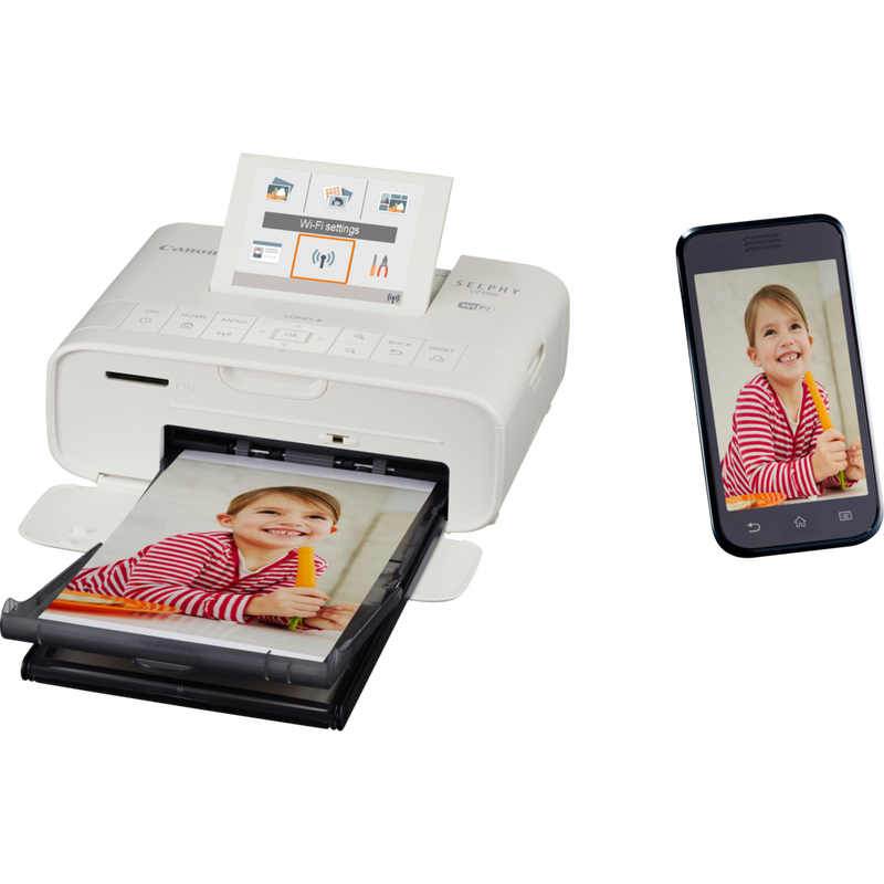 Canon SELPHY CP1300 – Weiß Produkt Ansicht von rechts mit Druck und Handy