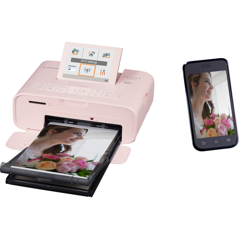 Canon SELPHY CP1300 – Pink Produkt Ansicht von rechts mit Druck und Handy