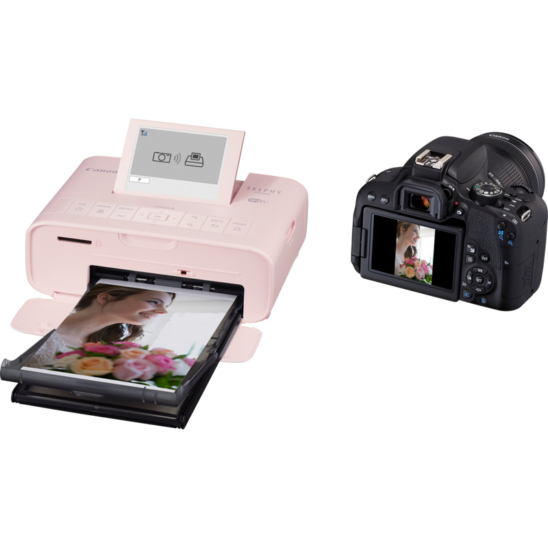 Canon SELPHY CP1300 – Pink Produkt Ansicht von rechts mit Druck und Kamera