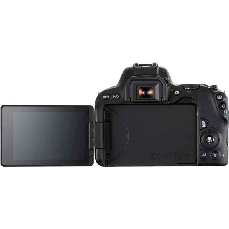 Canon EOS 200D Schwarz + 18-55mm 1:4-5,6 IS STM Objektiv Schwarz + BP13 Rucksack + LP-E17 Akku Produkt Rückansicht mit ausgeklapptem Bildschirm