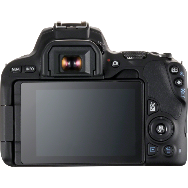 Canon EOS 200D Schwarz + 18-55mm 1:4-5,6 IS STM Objektiv Schwarz + BP13 Rucksack + LP-E17 Akku Produkt Rückansicht