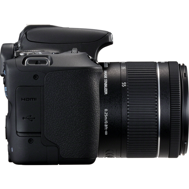 Canon EOS 200D Schwarz + 18-55mm 1:4-5,6 IS STM Objektiv Schwarz + BP13 Rucksack + LP-E17 Akku Produkt Ansicht von links