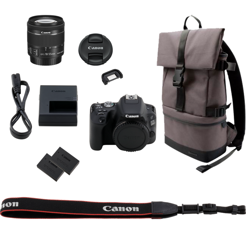 Canon EOS 200D Schwarz + 18-55mm 1:4-5,6 IS STM Objektiv Schwarz + BP13 Rucksack + LP-E17 Akku Produkt Lieferumfang