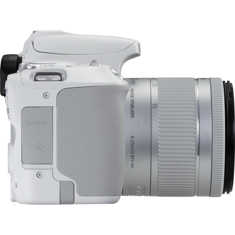 Canon EOS 200D Weiß + EF-S 18-55mm 1:4-5,6 IS STM Objektiv Silber Produkt Ansicht von links